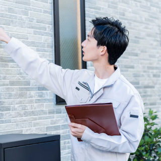 建物を指さして確認するスタッフ